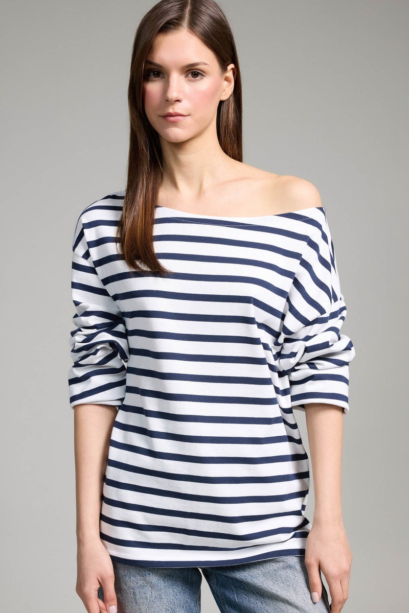 DeFacto Blue Woman Relax Fit Boat Neck Premium T-Shirt Casual - Image 1